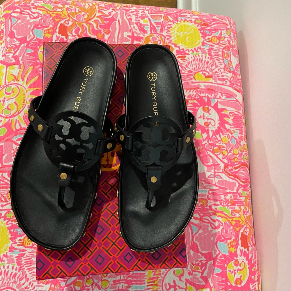 Tory Burch Miller Cloud Coin Black Leather Sandals Stud 8.5 M EUC w/Box Dust Bag